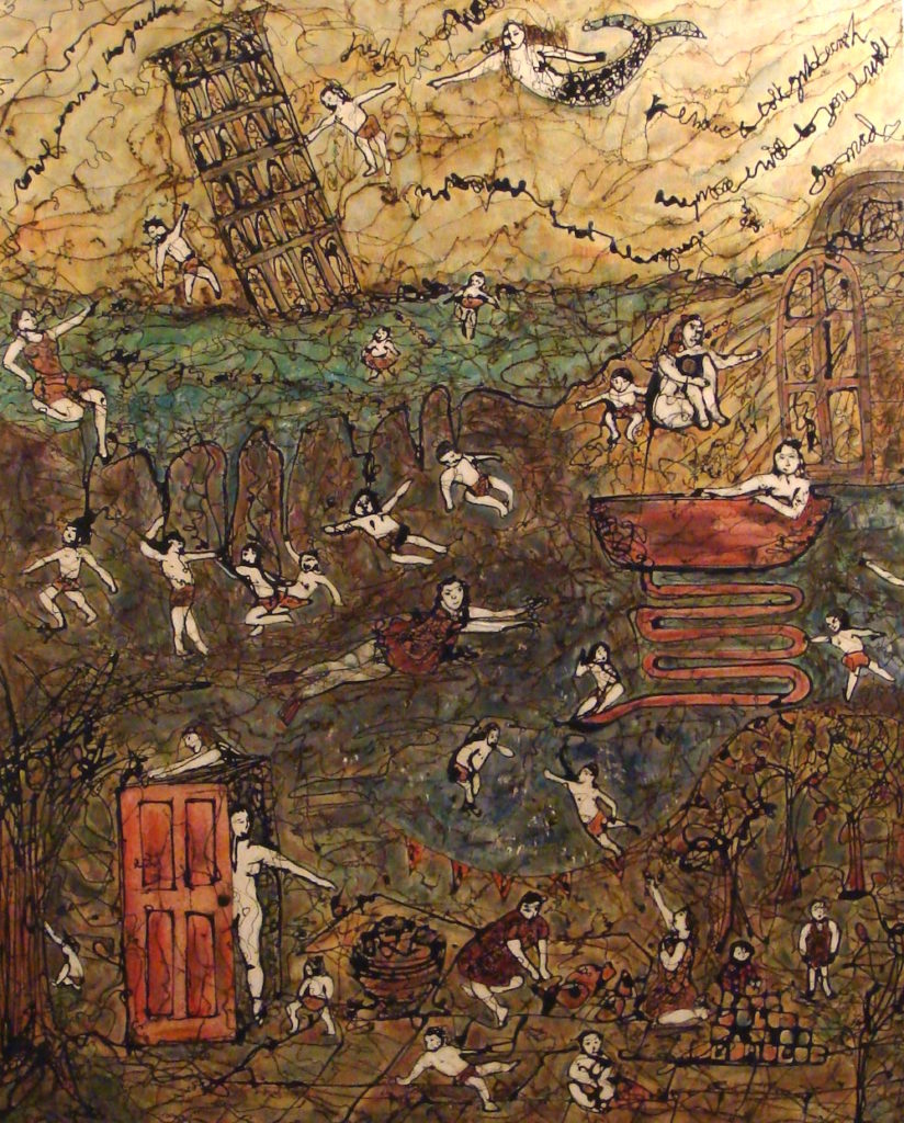 painting of small children and mothers in a surreal scene