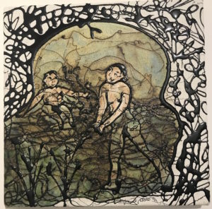 painting of a mother and child in water
