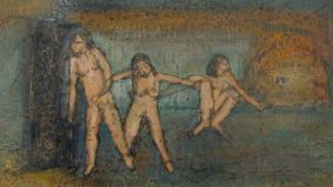 abstracted painting of 3 joined naked women