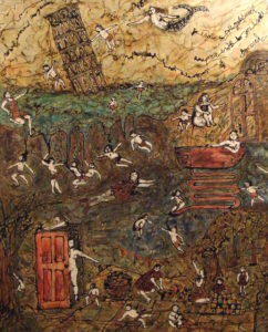 painting of small children and mothers in a surreal scene