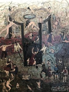 painting with rich colours of lots of figures looking after children