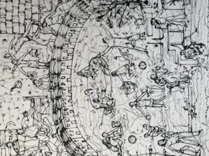 an imaginative painting of lots of small figures of mothers and children at sea