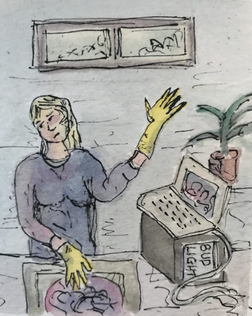 watercolour of woman washing up and working on her computer