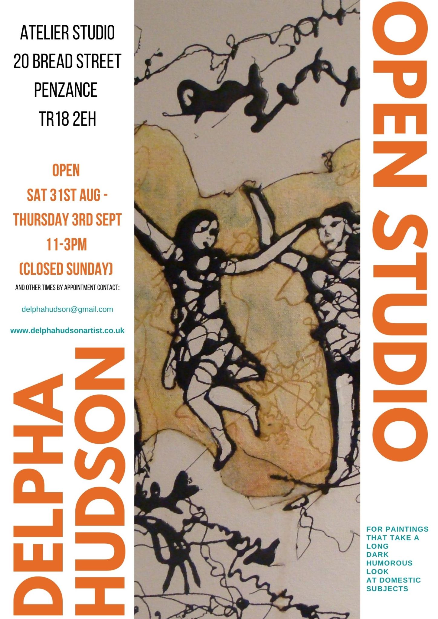 poster that advertises open studio, bright colours and painting of people dancing