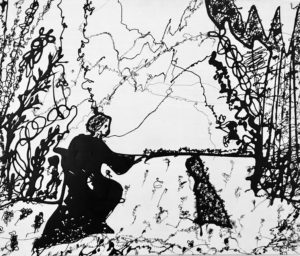 a monochrome painting with 2 figures one looks like a dog maybe but represents care