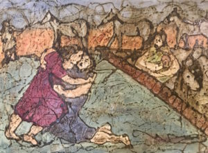 a colourful painting with 2 figures in the foeground struggling or embracing