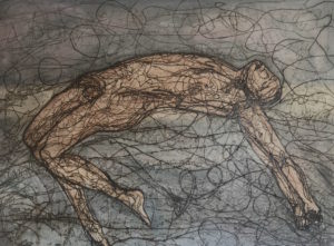 a large textured painting of a figure arched over in exstacy