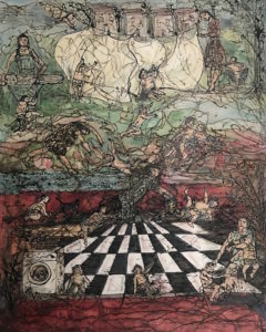 colourful painting with lots of figures of women with children struggling in chaos