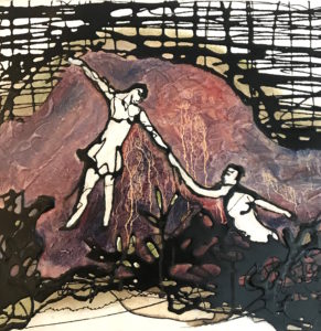 a painting of 2 figures dancing in a coloured background