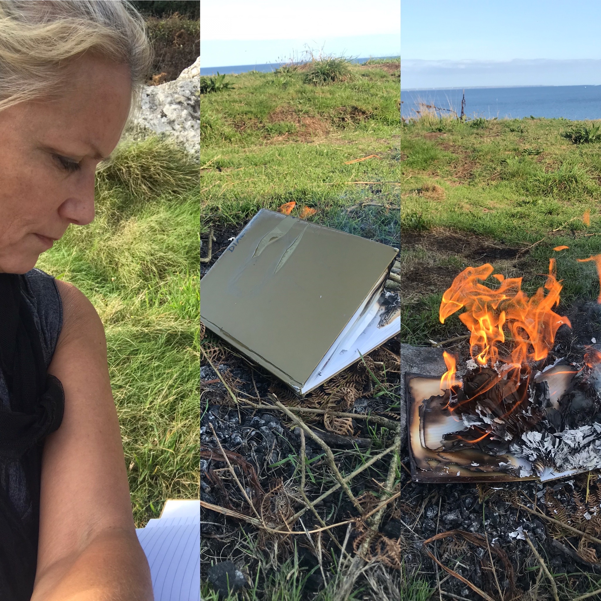 three images together of readng, a diary and burning the diary