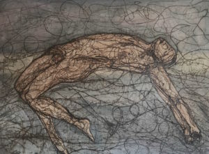 large figurative painting of a male figure falling