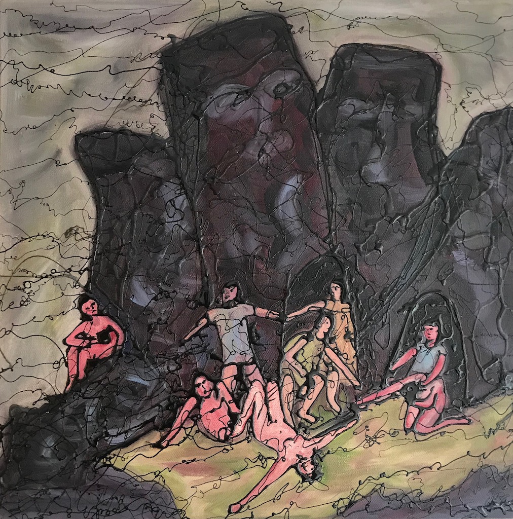 colourful painting of group of people and rocks