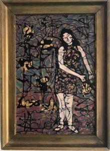 colourful painting in oil and bitumen paint and gold leaf of a woman putting rubbish aside