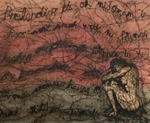 colourful painting with text and image of a woman crouched made with bitumen and oil paint