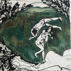 painting by Delpha Hudson that asks philosophical questions about our lives using bitumen and oil paint to make figures swirling as if in a pool