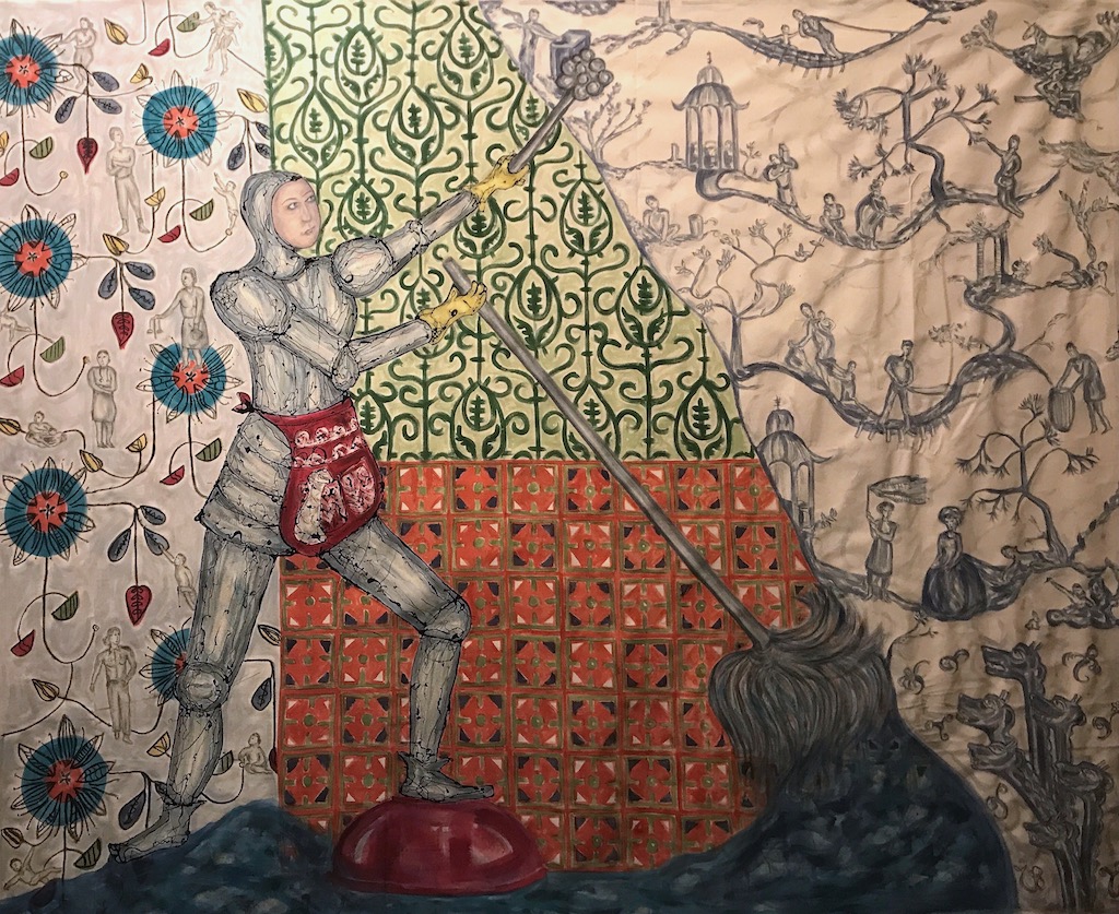 painting with female knight doing contemporary cleaning