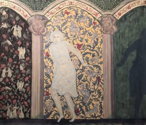 large colourful narrative painting of a ghostlike figure of a woman emerging from an archway that has gargoyles and monsters in the patterns behind