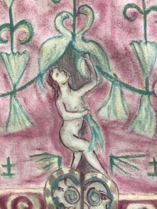 detail from grotesque style painted canvas installation rug with teacups and eggs stones