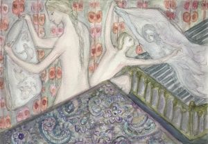 watercolour painting with pencil in light colours and figures that are making patterned beds