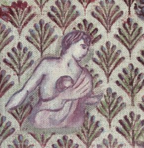 small painting on linen with pattern and a mother and child figure