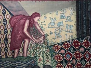 colourful patterned painting with a mother and child