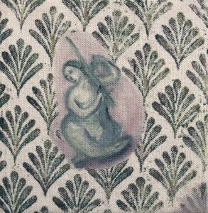 small painting on linen showing the myth of the woman who cut of her hair to staunch the blood of her loved one.