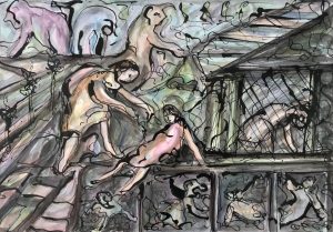 loosely drawn figures in ink and watercolour that are helping eachother out of cages
