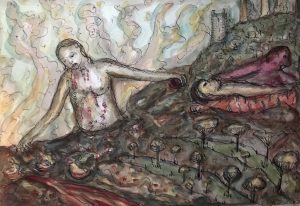 watercolour and ink painting of a figure standing half in mud holding out her hand to another figure. surreal landscape exploring ambivalence
