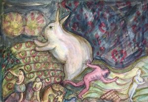 surreal water colour painting of a rabbit caught in the headlights