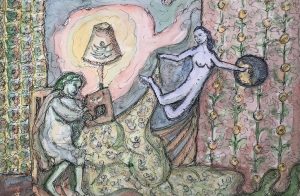 a surreal watercolour painting with a woman sewing and a classical figure flying away from the domestic scene