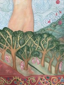 Detail of large painting by Delpha Hudson of cork trees with figures resting in the shad and the cork woman emerging from the trees