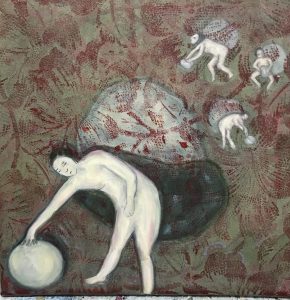 oil and acrylic painting with figures of women carrying bags surrounded by pattern