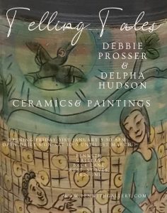 poster for Telling Tales show January 2025 with Delpha Hudson and Debbie Prosser showing a pot decoration of a medieval mother