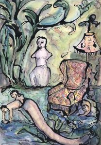 surreal watercolour painting of domestic interior and nature