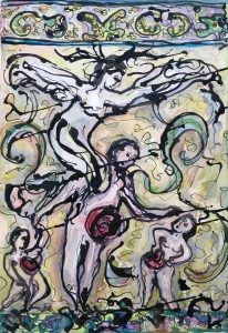 ink and watercolour classical figures on paper