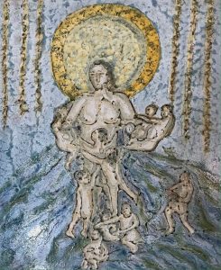 textured painting of a mother with lots of children