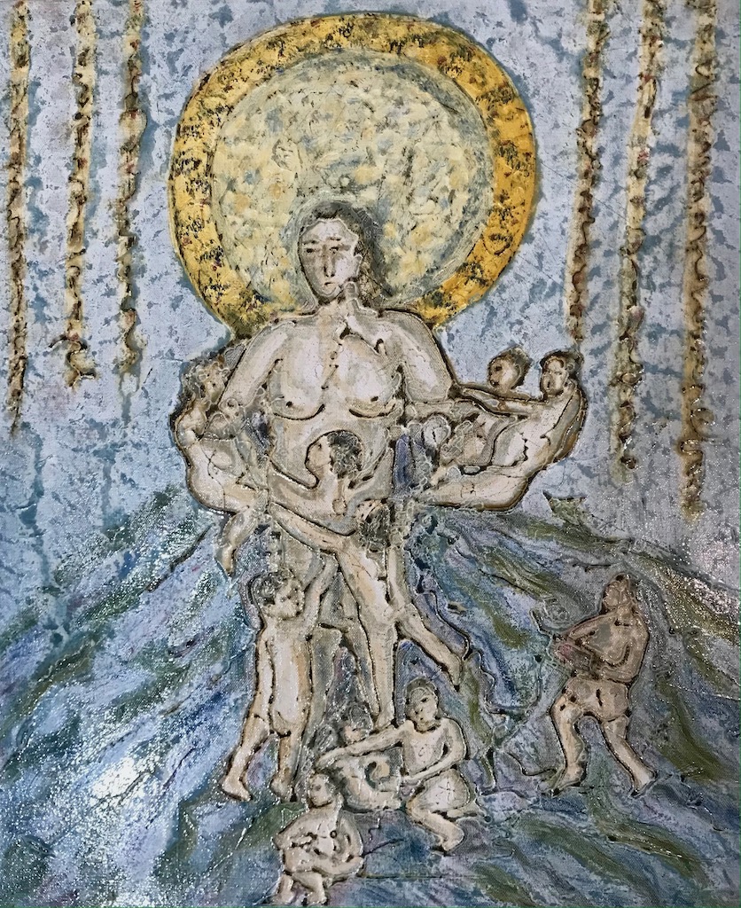 textured painting of a mother with lots of children