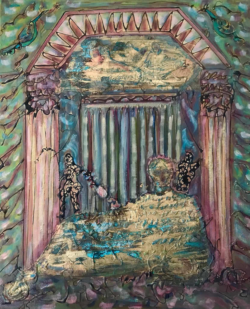 abstracted figure painting of a woman writing with gold leaf