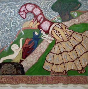 colourful figurative tapestry painting by Delpha Hudson