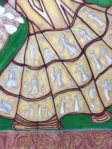 detail of large colourful tapestry painting by Delpha Hudson