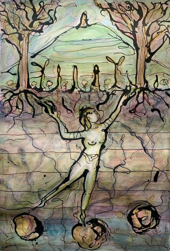 colourful figurative ecological watercolour and ink painting 