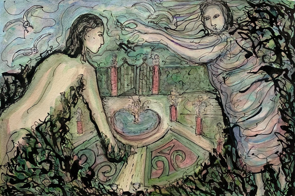 colourful figurative watercolour and ink on paper