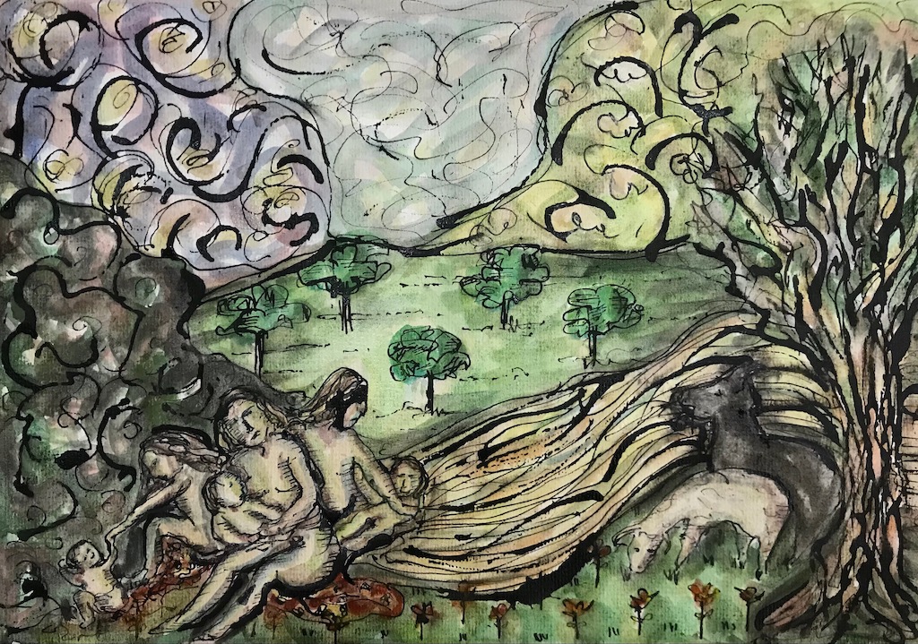 ironic pastoral landscape on paper