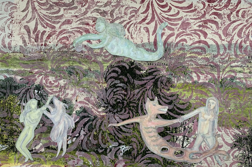 collage on paper with mythological hybrids