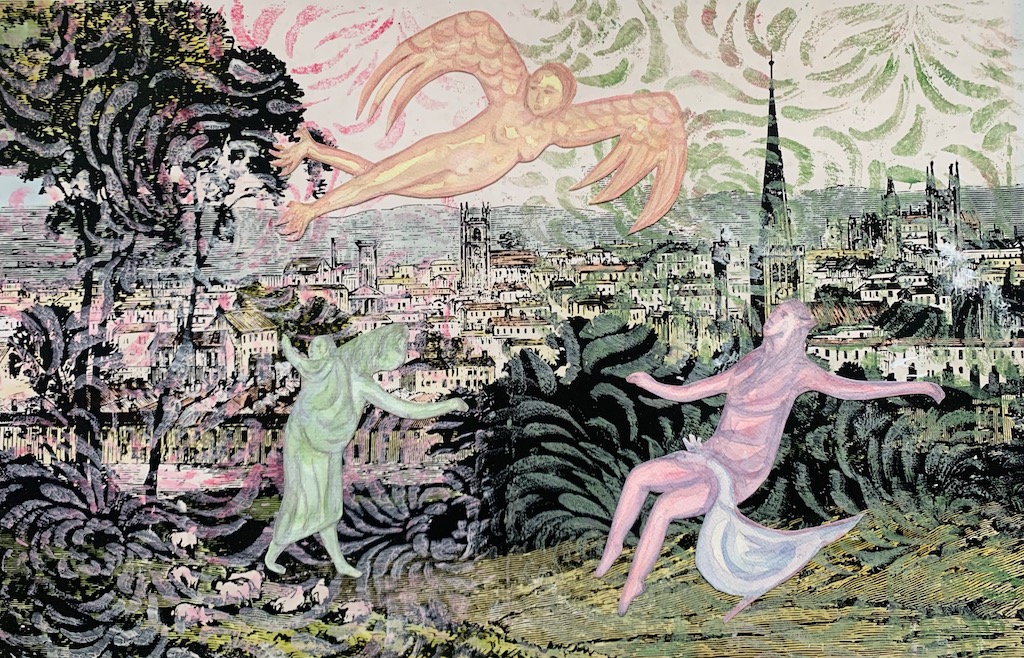 collage on paper with mythological hybrids
