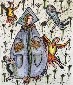 medievalesque watercolour on paper about women and care