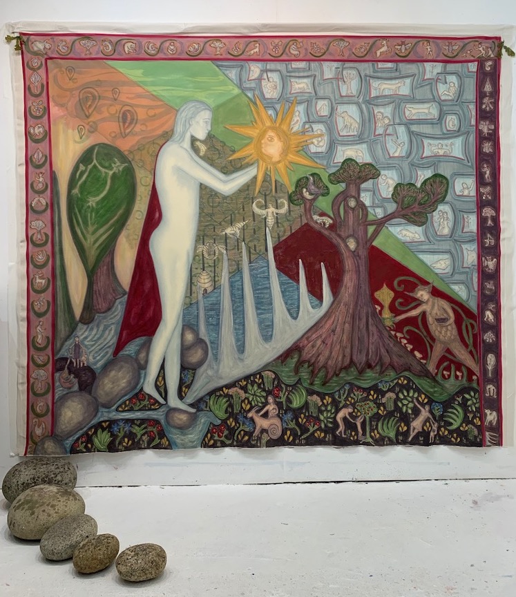 large colourful painting with stones